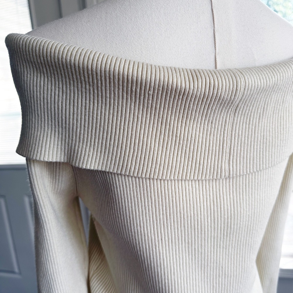 The Frolic Women Off Shoulder Sweater‎ 10 Cream Ribbed Knit Quiet Luxury Chic - Picture 3 of 5